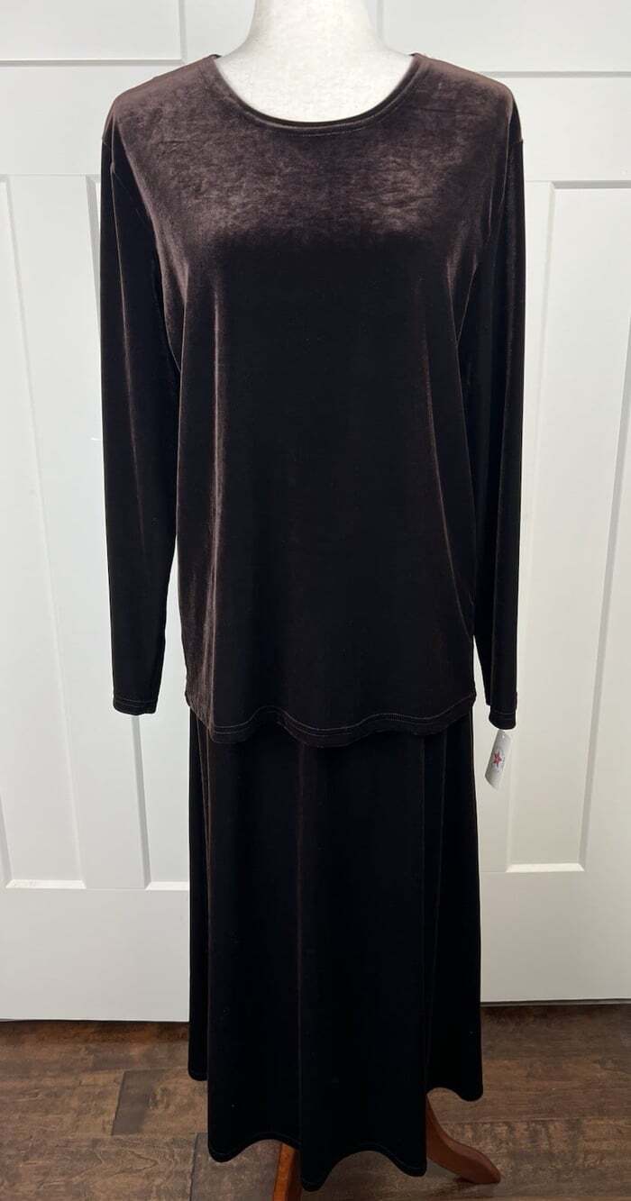 Coldwater Creek Velvet 2 Piece Set M Brown Tunic Top Midi Skirt NWT Made USA